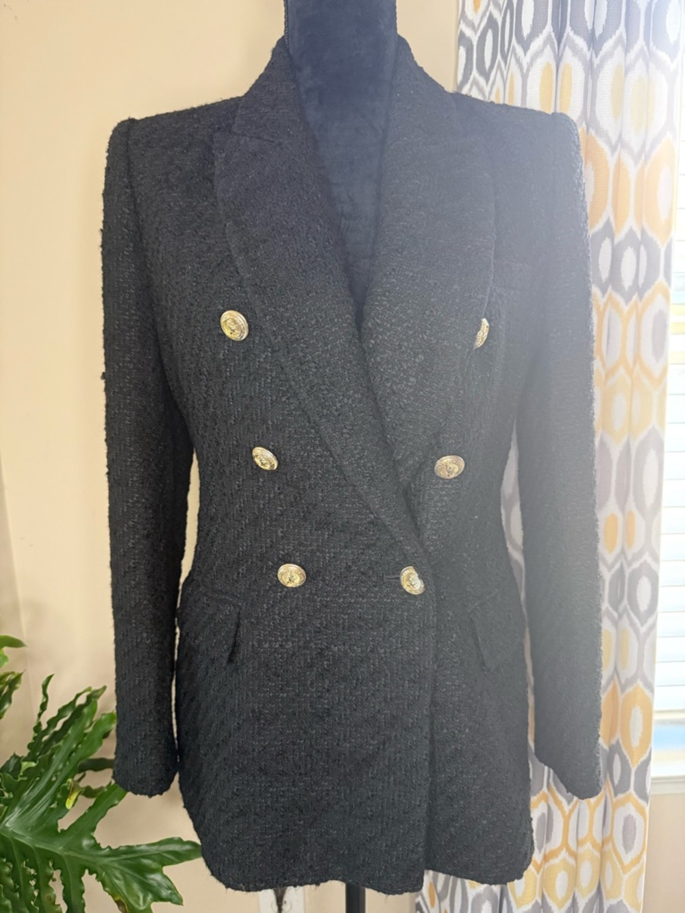 Zara Double Breasted Textured Weave Tweed Blazer Black Size Medium